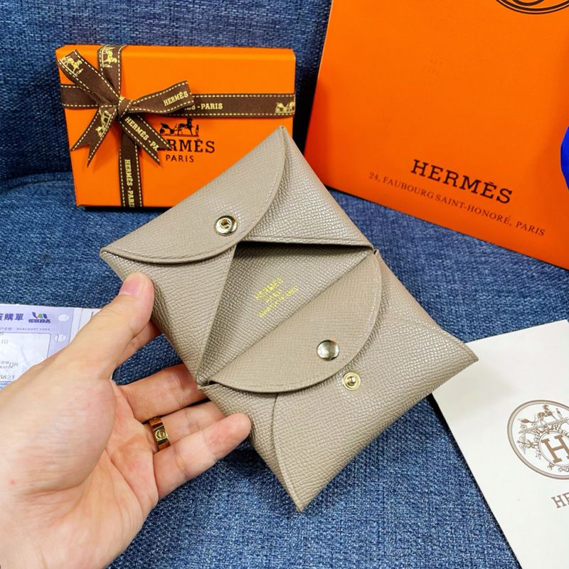 Hermes Calvi Card Holder Epsom Leather Gold Hardware In Grey