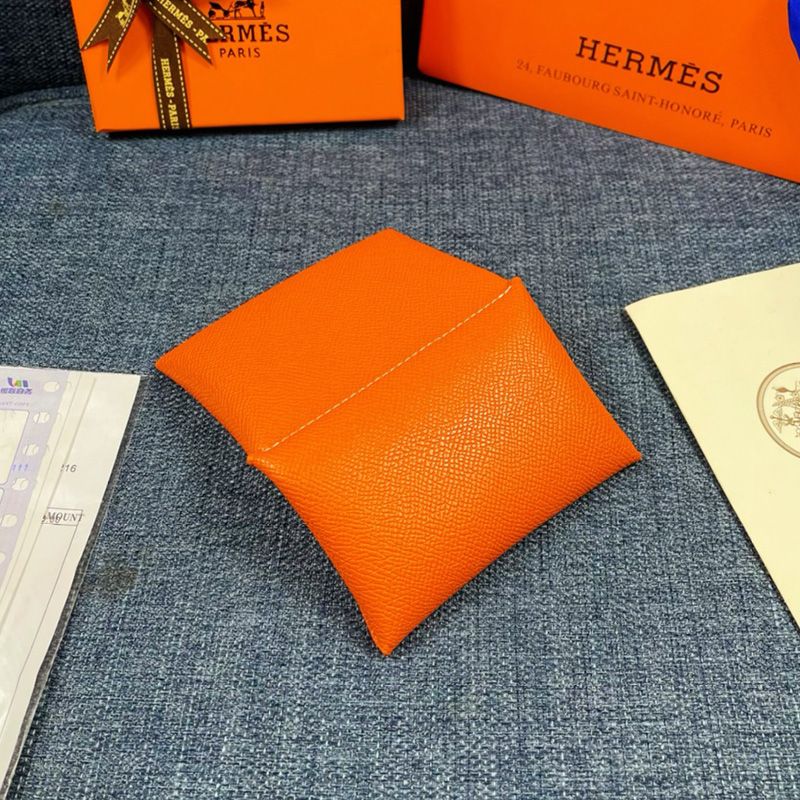 Hermes Calvi Card Holder Epsom Leather Gold Hardware In Orange