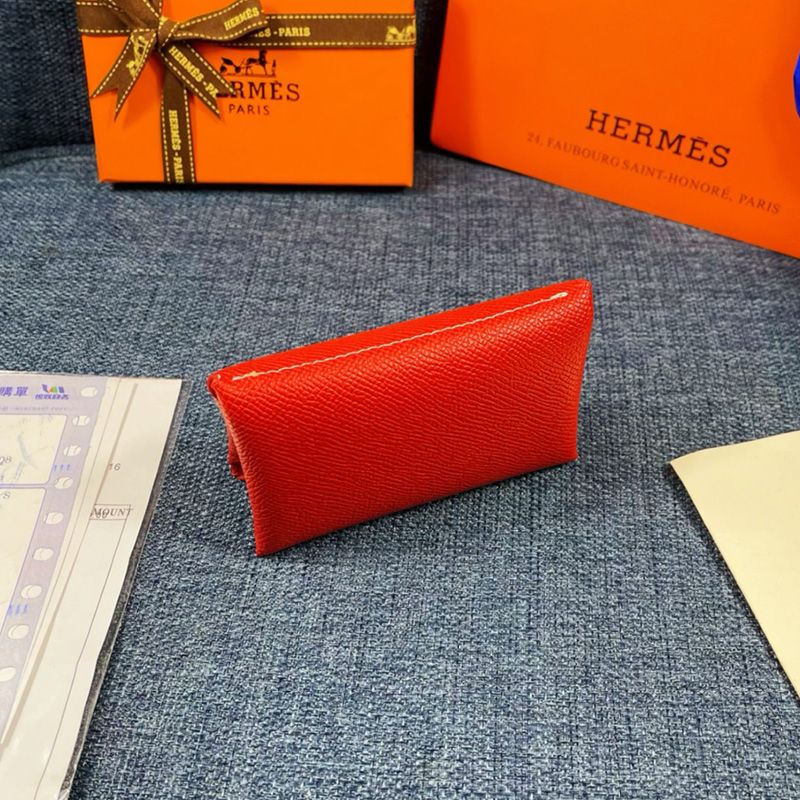 Hermes Calvi Card Holder Epsom Leather Gold Hardware In Red