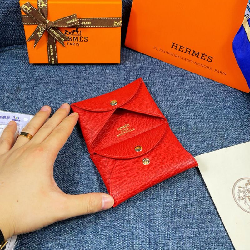 Hermes Calvi Card Holder Epsom Leather Gold Hardware In Red