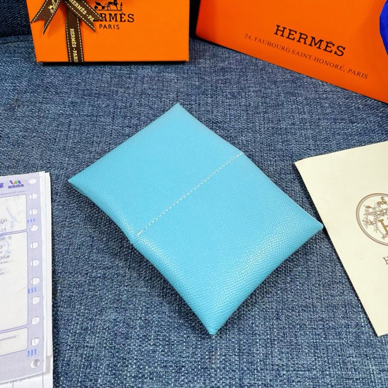 Hermes Calvi Card Holder Epsom Leather Gold Hardware In Sky Blue