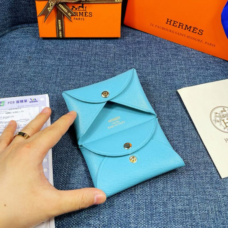 Hermes Calvi Card Holder Epsom Leather Gold Hardware In Sky Blue