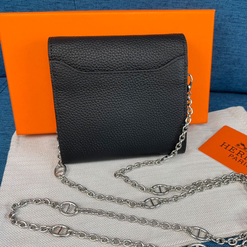 Hermes Constance Compact Wallet with Chain Togo Leather Palladium Hardware In Black