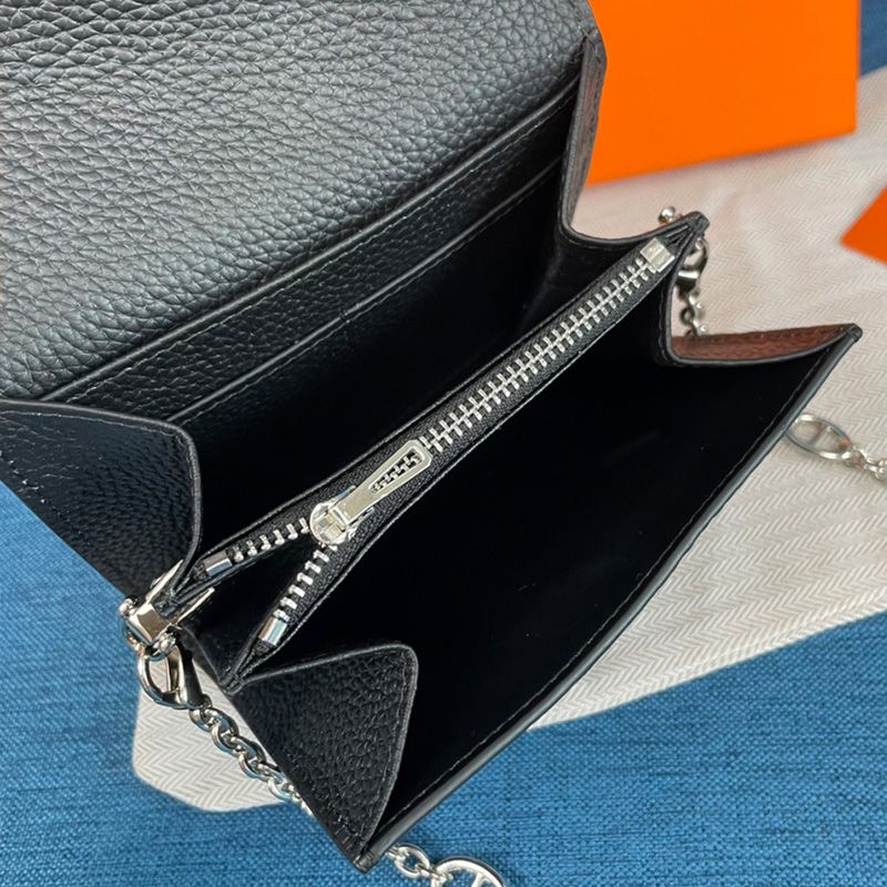 Hermes Constance Compact Wallet with Chain Togo Leather Palladium Hardware In Black