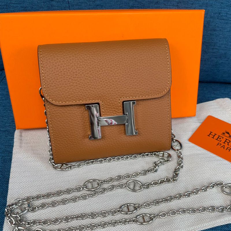 Hermes Constance Compact Wallet with Chain Togo Leather Palladium Hardware In Brown