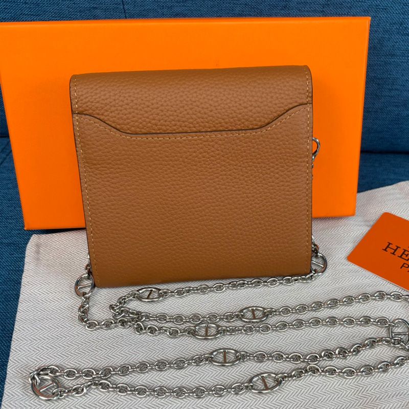 Hermes Constance Compact Wallet with Chain Togo Leather Palladium Hardware In Brown