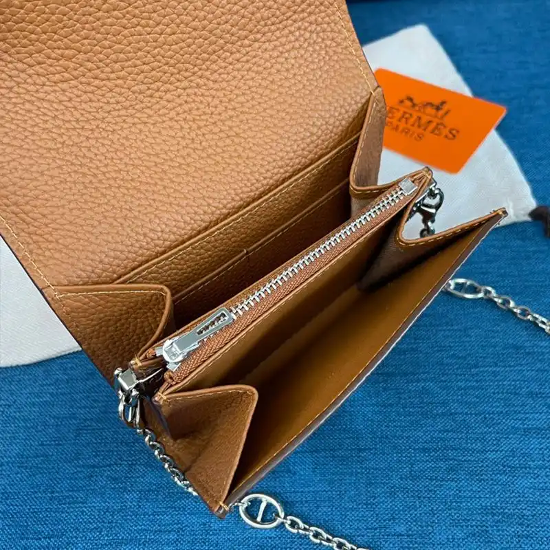 Affordable Hermes Constance Compact Wallet with Chain Togo Leather Palladium Hardware In Brown