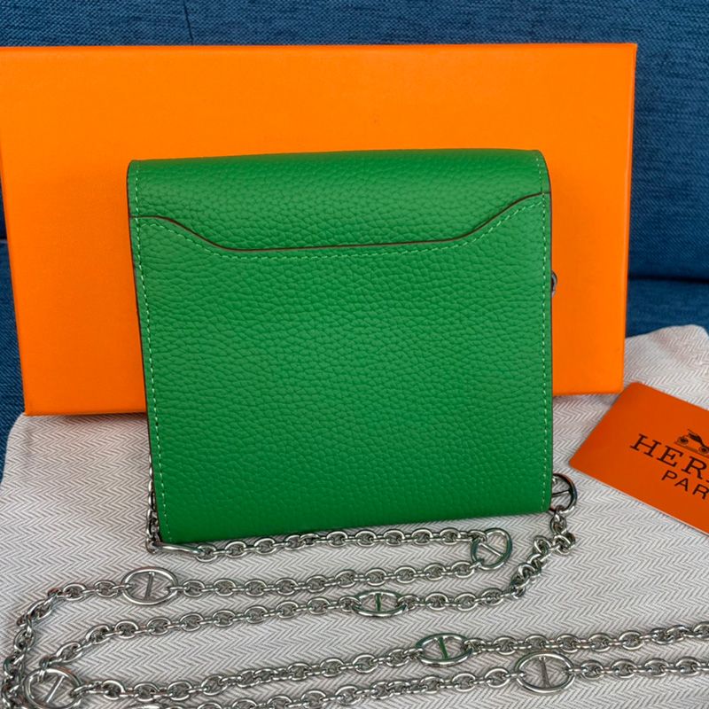 Hermes Constance Compact Wallet with Chain Togo Leather Palladium Hardware In Green