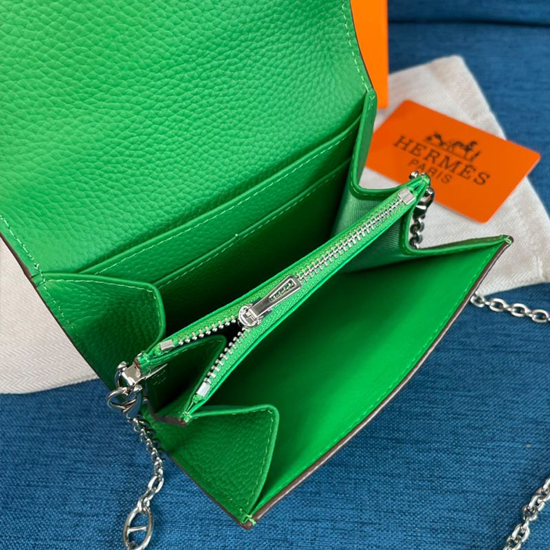 Hermes Constance Compact Wallet with Chain Togo Leather Palladium Hardware In Green