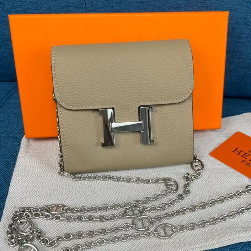 Affordable Hermes Constance Compact Wallet with Chain Togo Leather Palladium Hardware In Grey