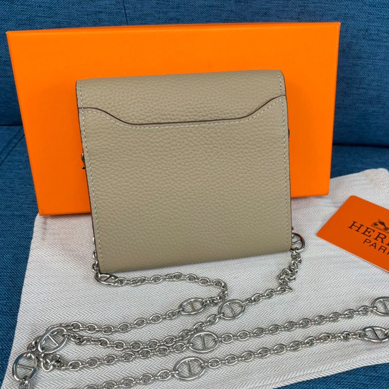 Hermes Constance Compact Wallet with Chain Togo Leather Palladium Hardware In Grey