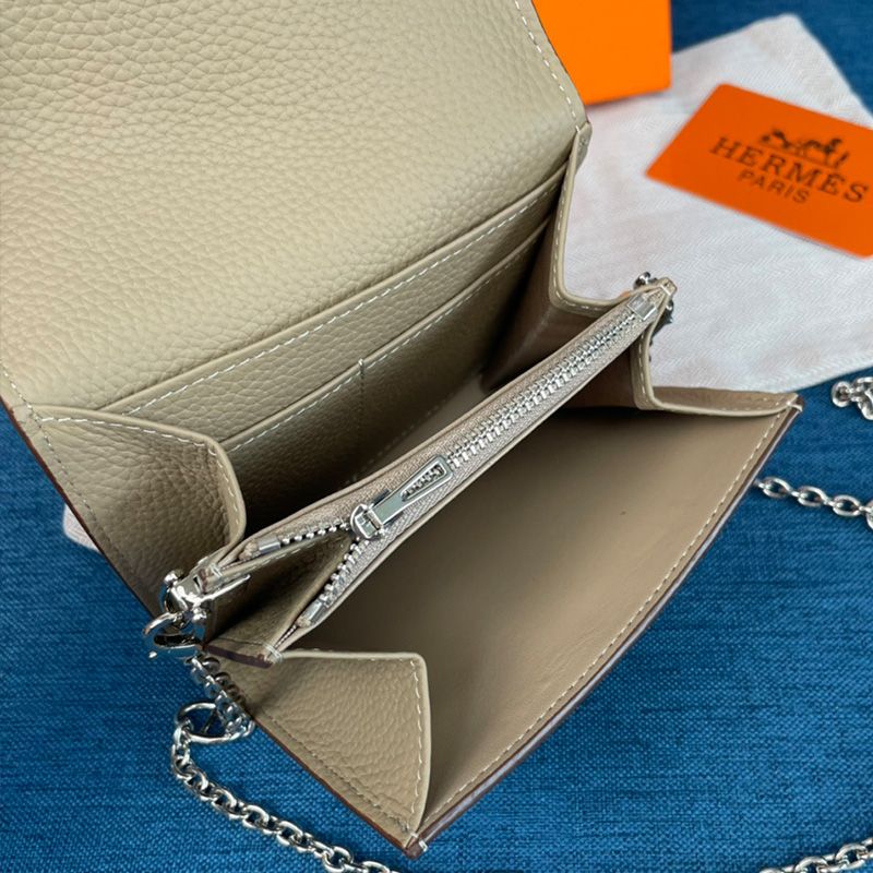 Hermes Constance Compact Wallet with Chain Togo Leather Palladium Hardware In Grey