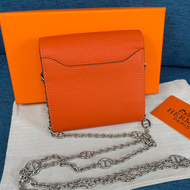 Hermes Constance Compact Wallet with Chain Togo Leather Palladium Hardware In Orange