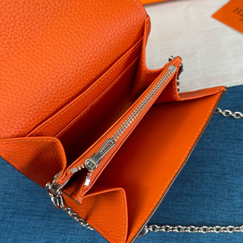 Hermes Constance Compact Wallet with Chain Togo Leather Palladium Hardware In Orange