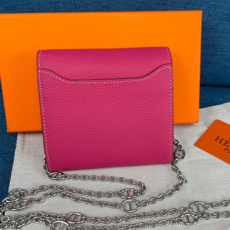 Hermes Constance Compact Wallet with Chain Togo Leather Palladium Hardware In Rose