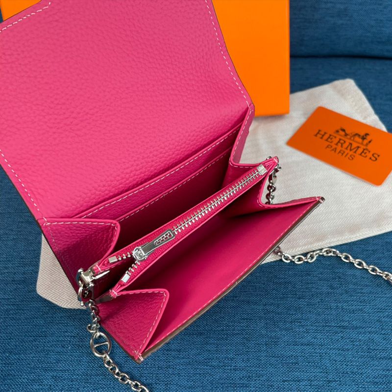 Hermes Constance Compact Wallet with Chain Togo Leather Palladium Hardware In Rose