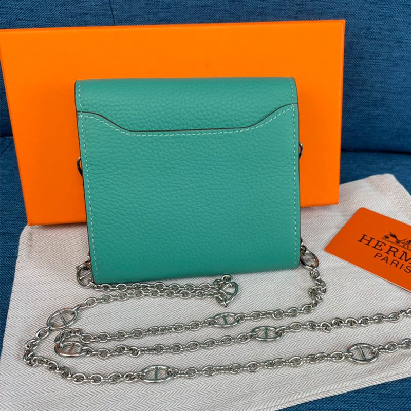 Hermes Constance Compact Wallet with Chain Togo Leather Palladium Hardware In Teal