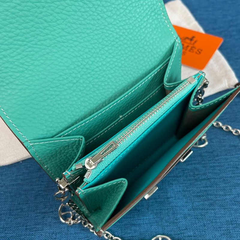 Hermes Constance Compact Wallet with Chain Togo Leather Palladium Hardware In Teal