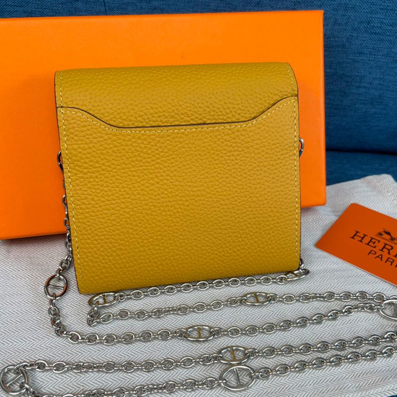 Hermes Constance Compact Wallet with Chain Togo Leather Palladium Hardware In Yellow