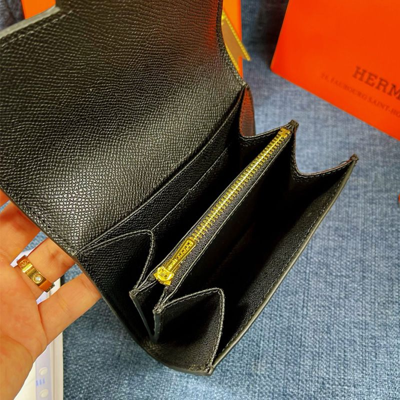 Hermes Constance Compact Wallet Epsom Leather Gold Hardware In Black