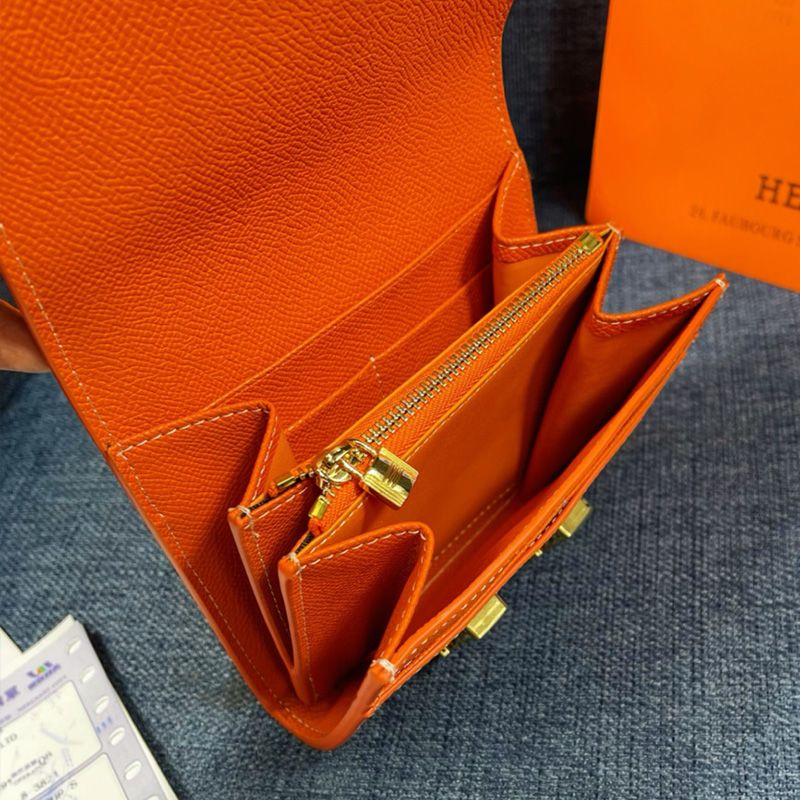 Hermes Constance Compact Wallet Epsom Leather Gold Hardware In Orange