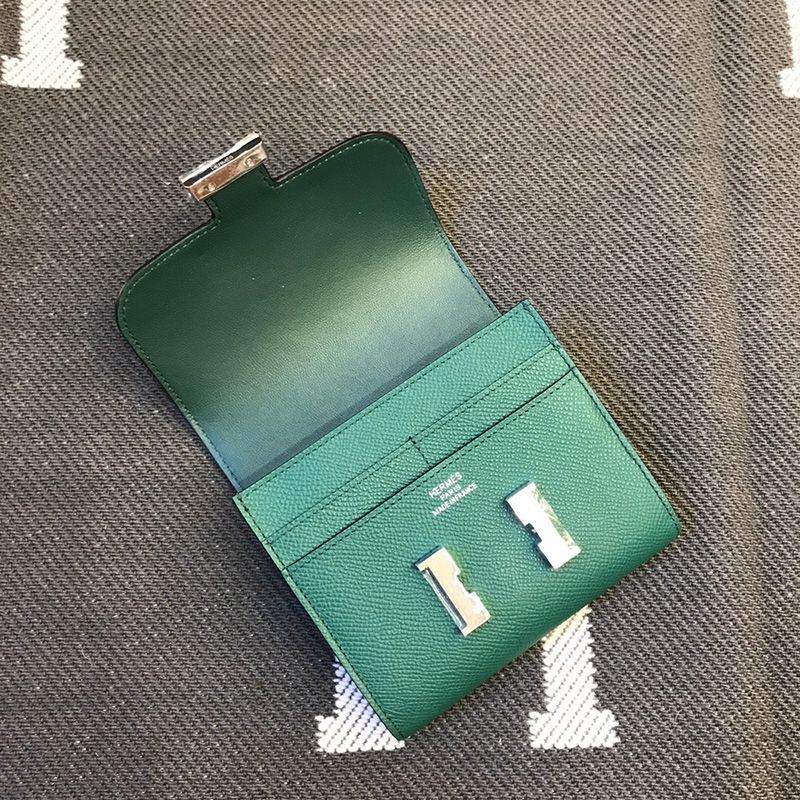 Hermes Constance Compact Wallet Epsom Leather Palladium Hardware In Green