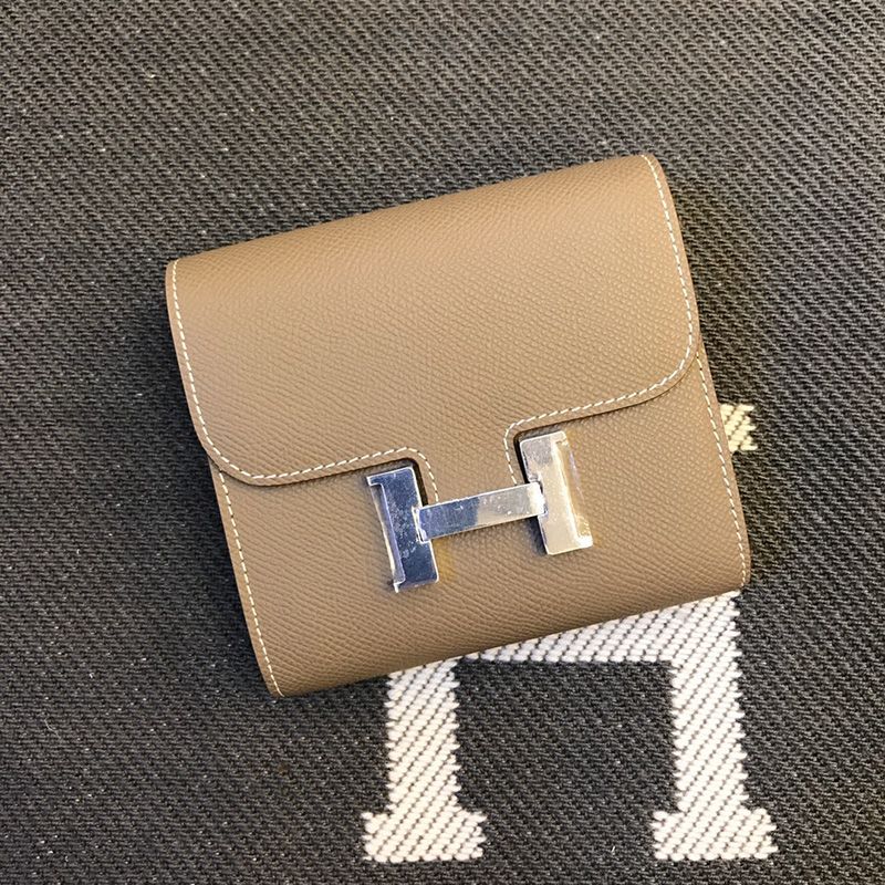 Hermes Constance Compact Wallet Epsom Leather Palladium Hardware In Khaki