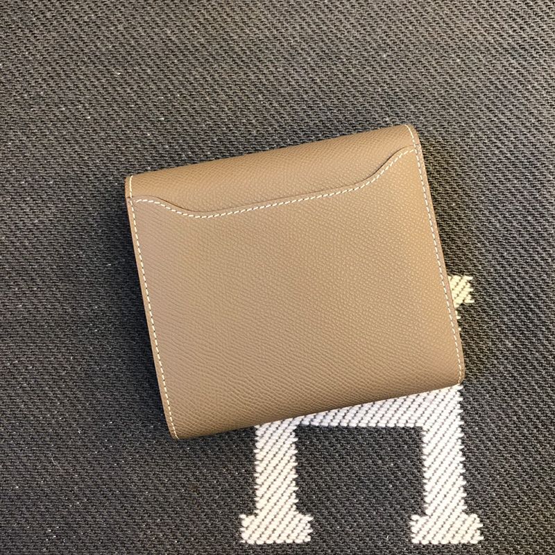 Hermes Constance Compact Wallet Epsom Leather Palladium Hardware In Khaki