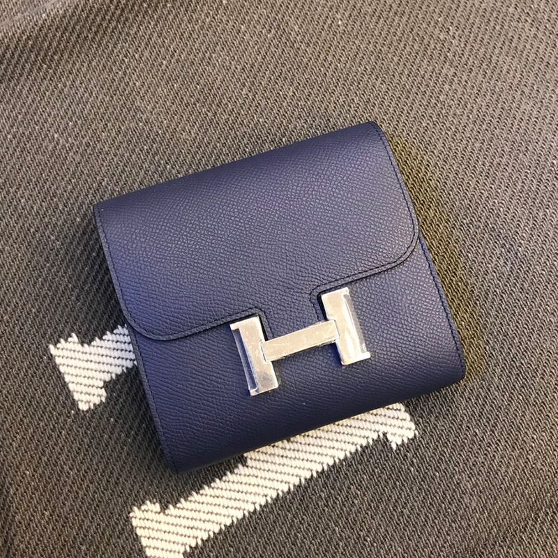 Hermes Constance Compact Wallet Epsom Leather Palladium Hardware In Navy Blue