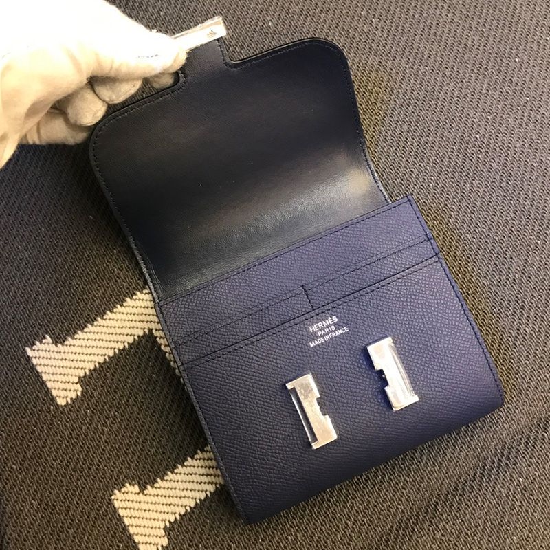 Hermes Constance Compact Wallet Epsom Leather Palladium Hardware In Navy Blue