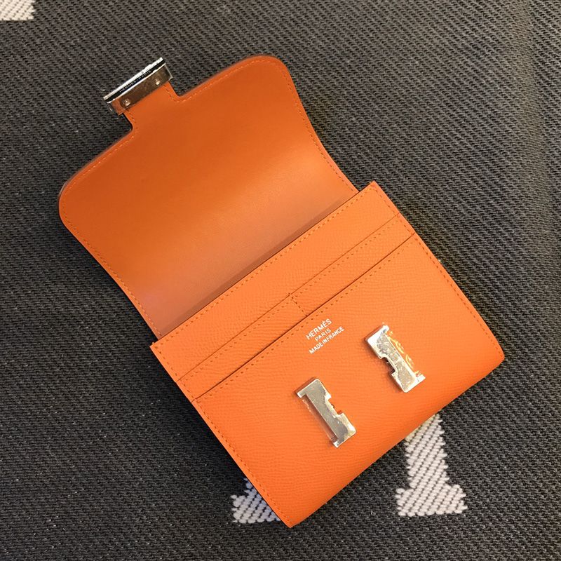 Hermes Constance Compact Wallet Epsom Leather Palladium Hardware In Orange