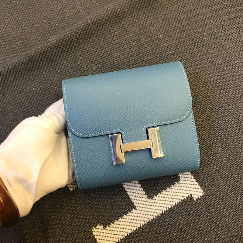 Hermes Constance Compact Wallet Epsom Leather Palladium Hardware In Sky Blue