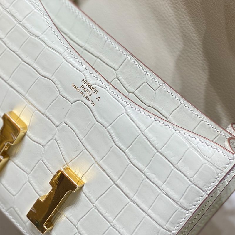 Hermes Constance Bag Alligator Leather Gold Hardware In White