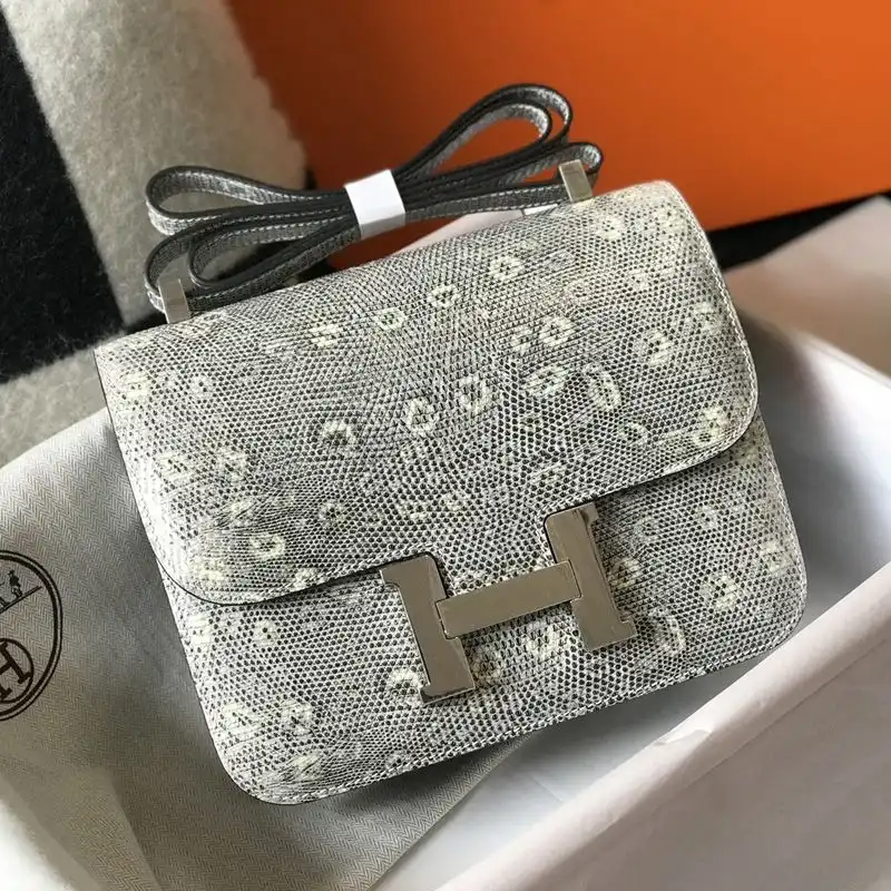 Hermes Constance Bag Lizard Leather Palladium Hardware In White Grey