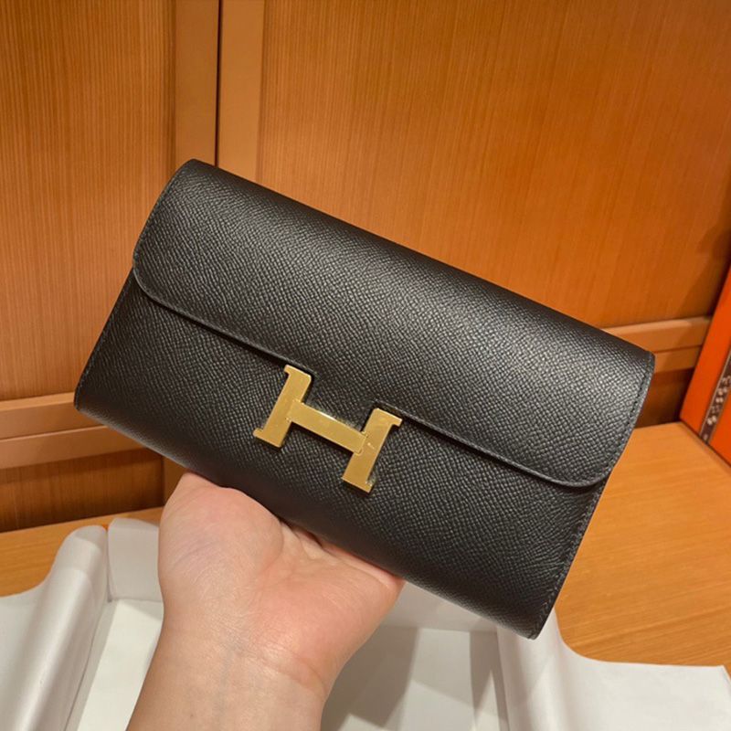 Hermes Constance Long Wallet Epsom Leather Gold Hardware In Black