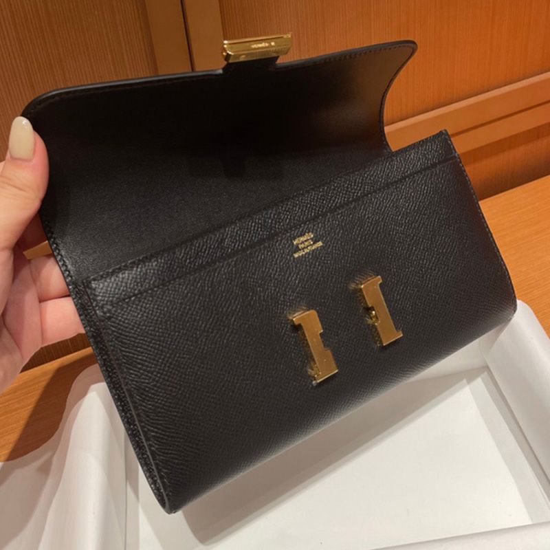 Hermes Constance Long Wallet Epsom Leather Gold Hardware In Black