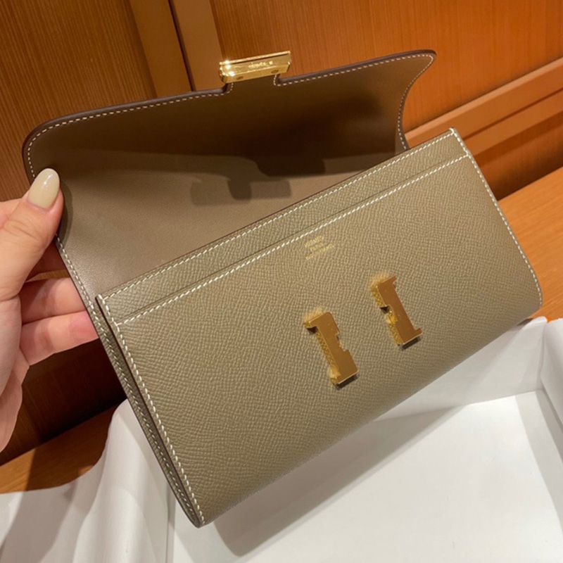 Hermes Constance Long Wallet Epsom Leather Gold Hardware In Khaki