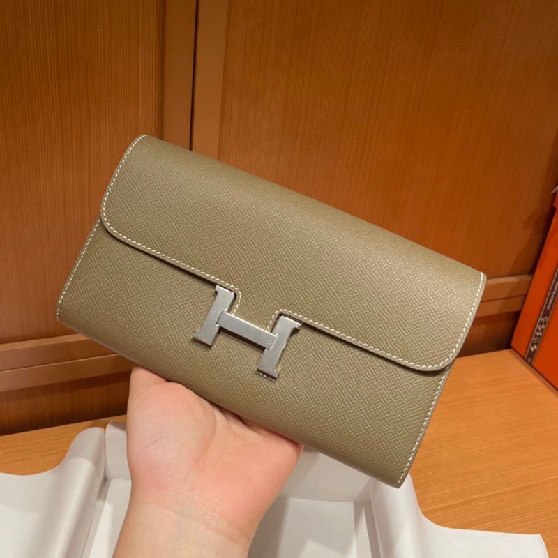 Hermes Constance Long Wallet Epsom Leather Palladium Hardware In Khaki