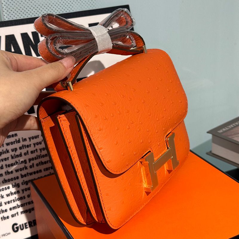 Hermes Constance Bag Ostrich Leather Gold Hardware In Orange