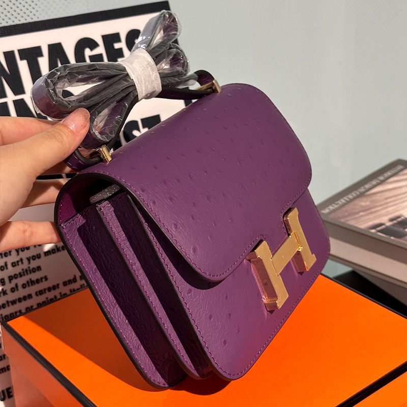 Hermes Constance Bag Ostrich Leather Gold Hardware In Purple