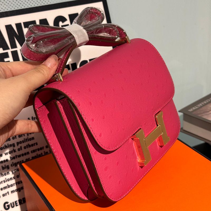 Hermes Constance Bag Ostrich Leather Gold Hardware In Rose