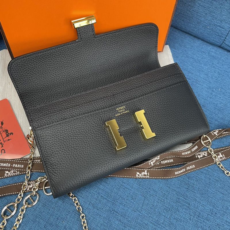 Hermes Constance Wallet with Chain Togo Leather Gold Hardware In Black