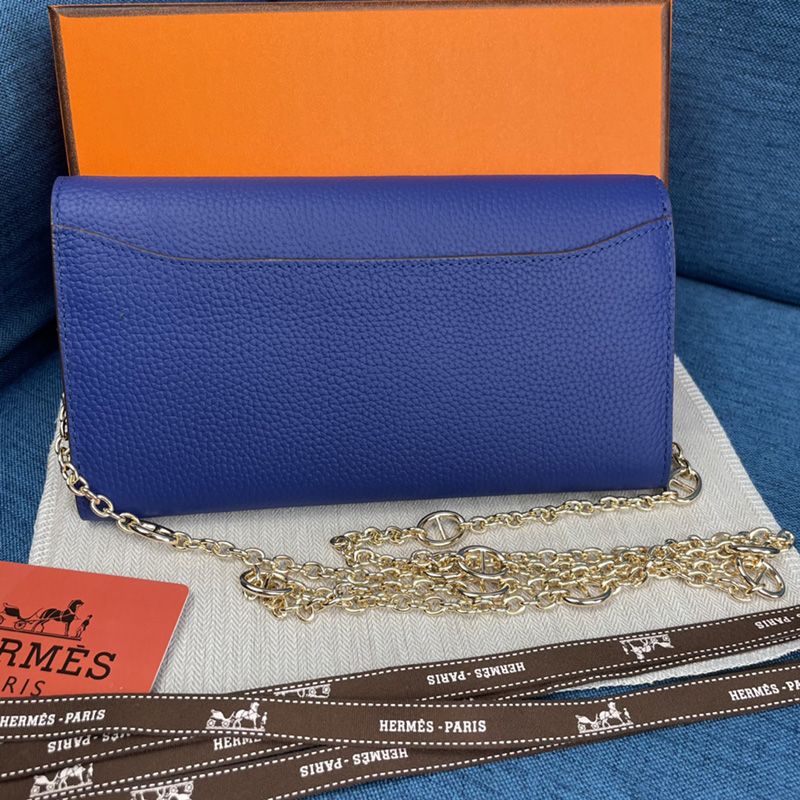 Hermes Constance Wallet with Chain Togo Leather Gold Hardware In Blue