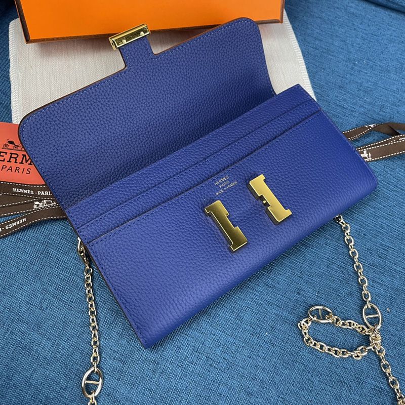 Hermes Constance Wallet with Chain Togo Leather Gold Hardware In Blue