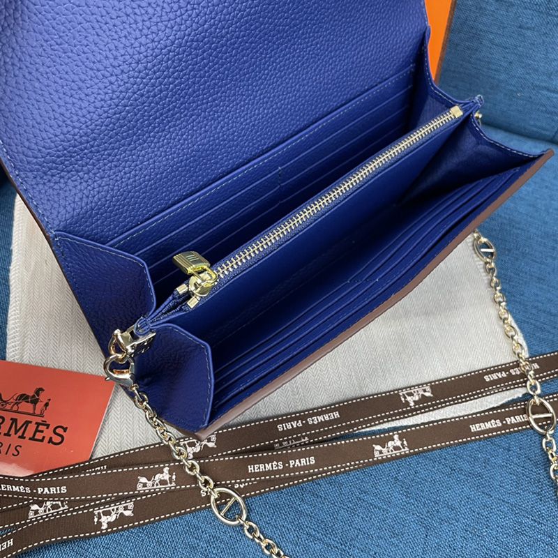 Hermes Constance Wallet with Chain Togo Leather Gold Hardware In Blue