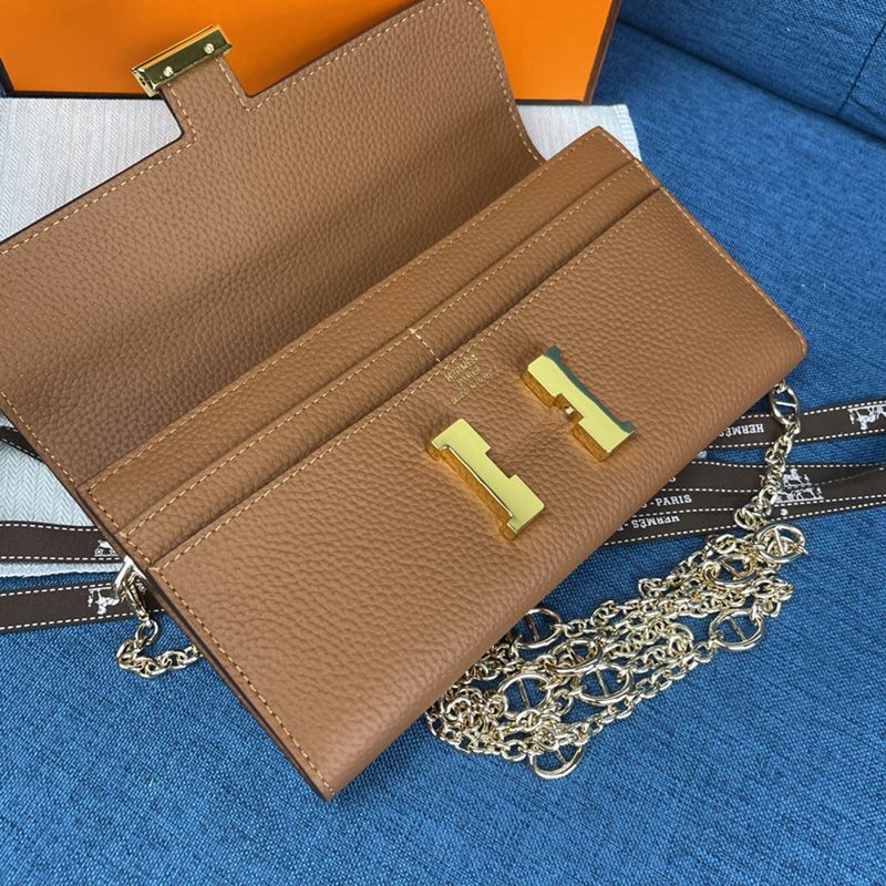 Hermes Constance Wallet with Chain Togo Leather Gold Hardware In Brown