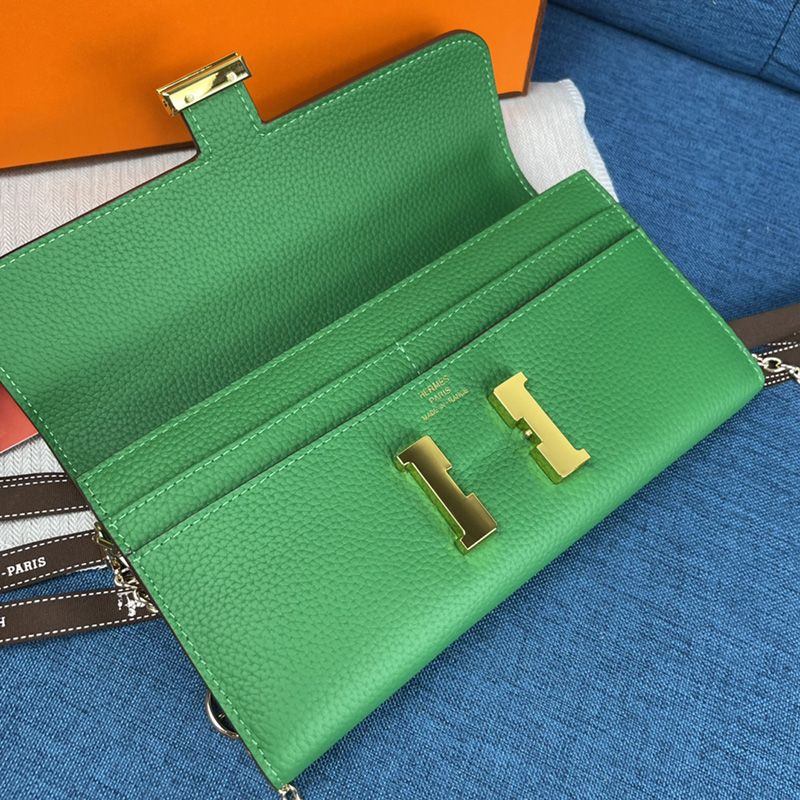 Hermes Constance Wallet with Chain Togo Leather Gold Hardware In Green