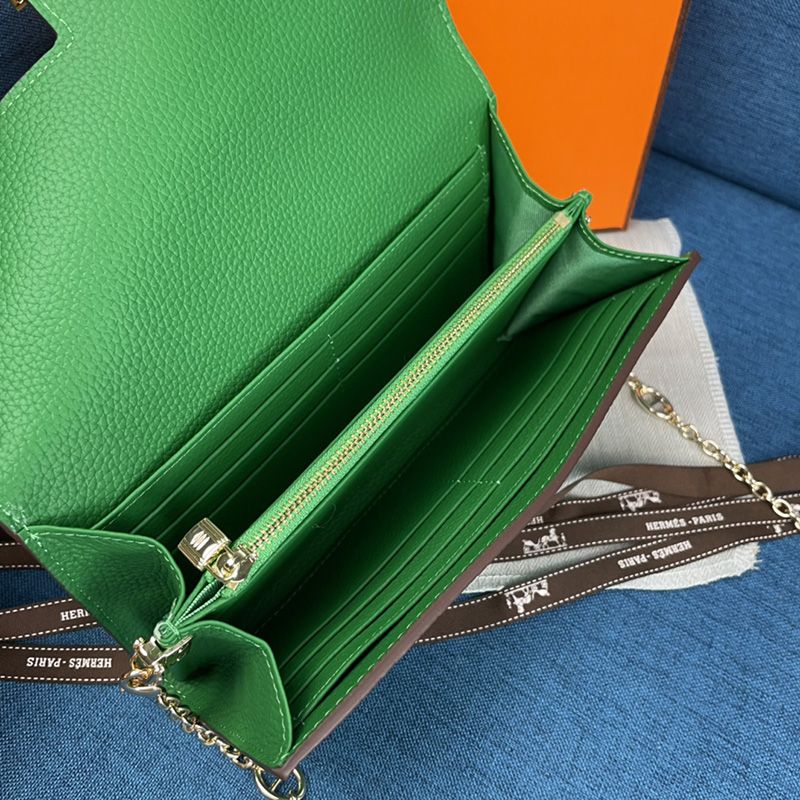 Hermes Constance Wallet with Chain Togo Leather Gold Hardware In Green