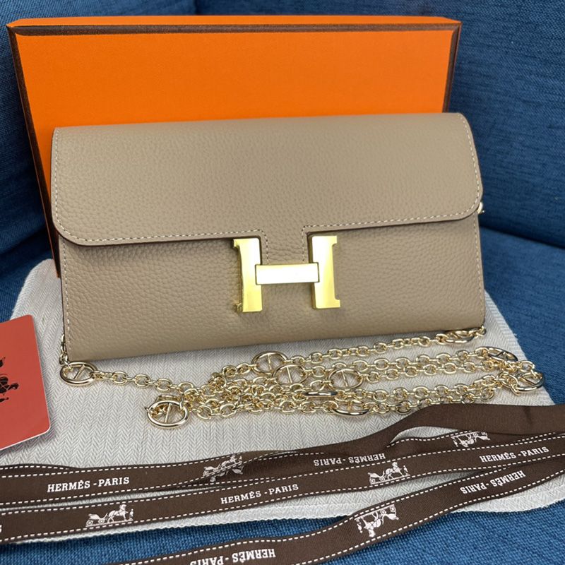 Hermes Constance Wallet with Chain Togo Leather Gold Hardware In Grey