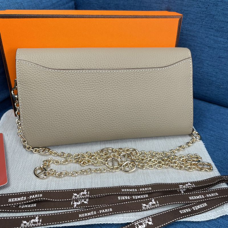 Hermes Constance Wallet with Chain Togo Leather Gold Hardware In Grey